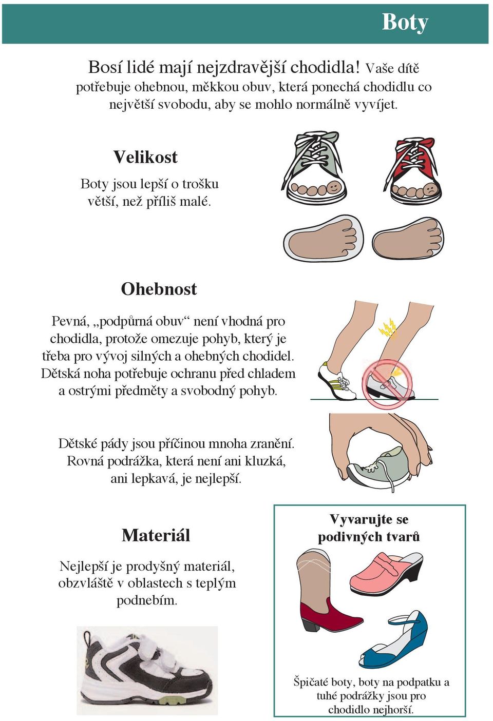Ohebnost Pevná, podpůrná obuv není vhodná pro chodidla, protože omezuje pohyb, který je třeba pro vývoj silných a ohebných chodidel.