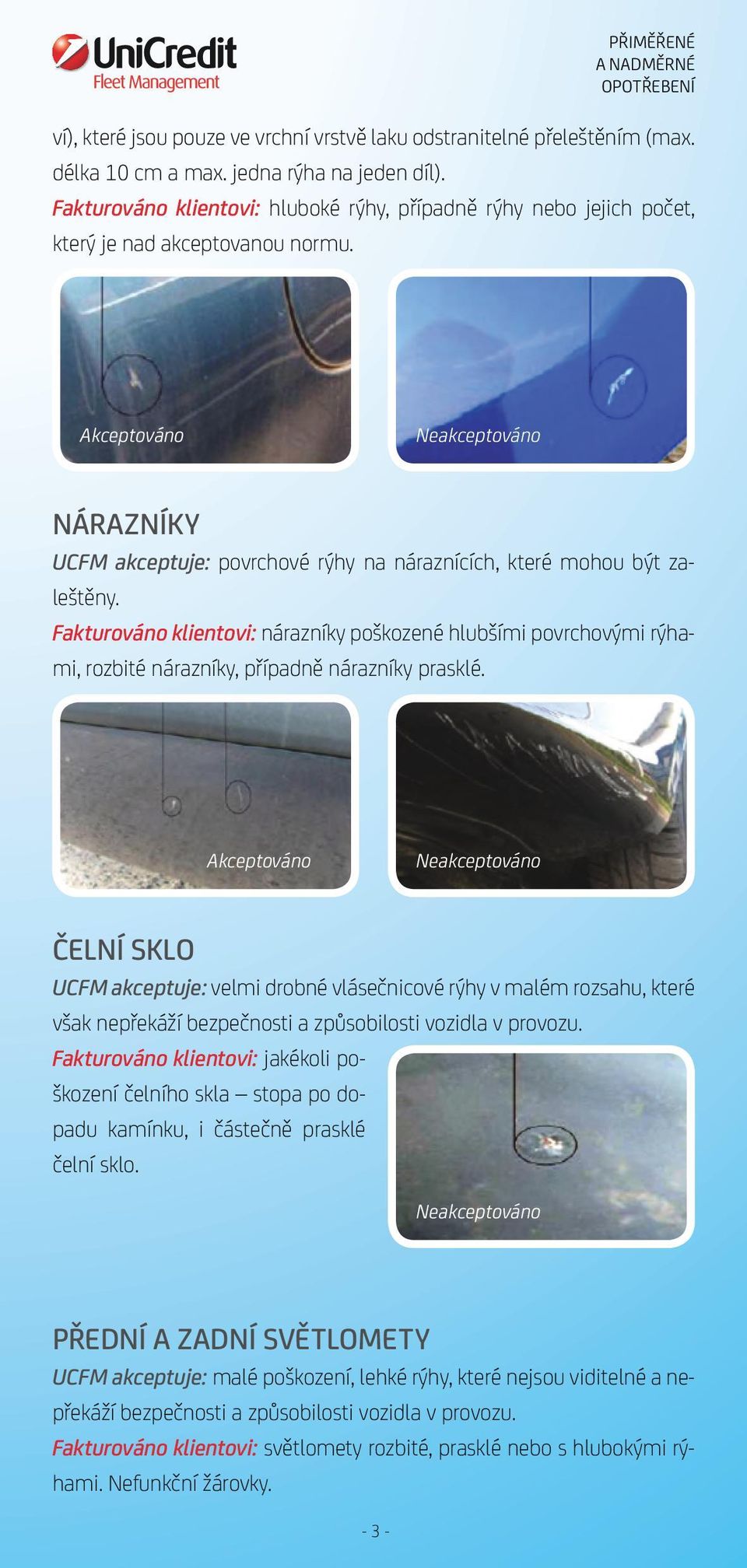 Fakturováno klientovi: nárazníky poškozené hlubšími povrchovými rýhami, rozbité nárazníky, případně nárazníky prasklé.