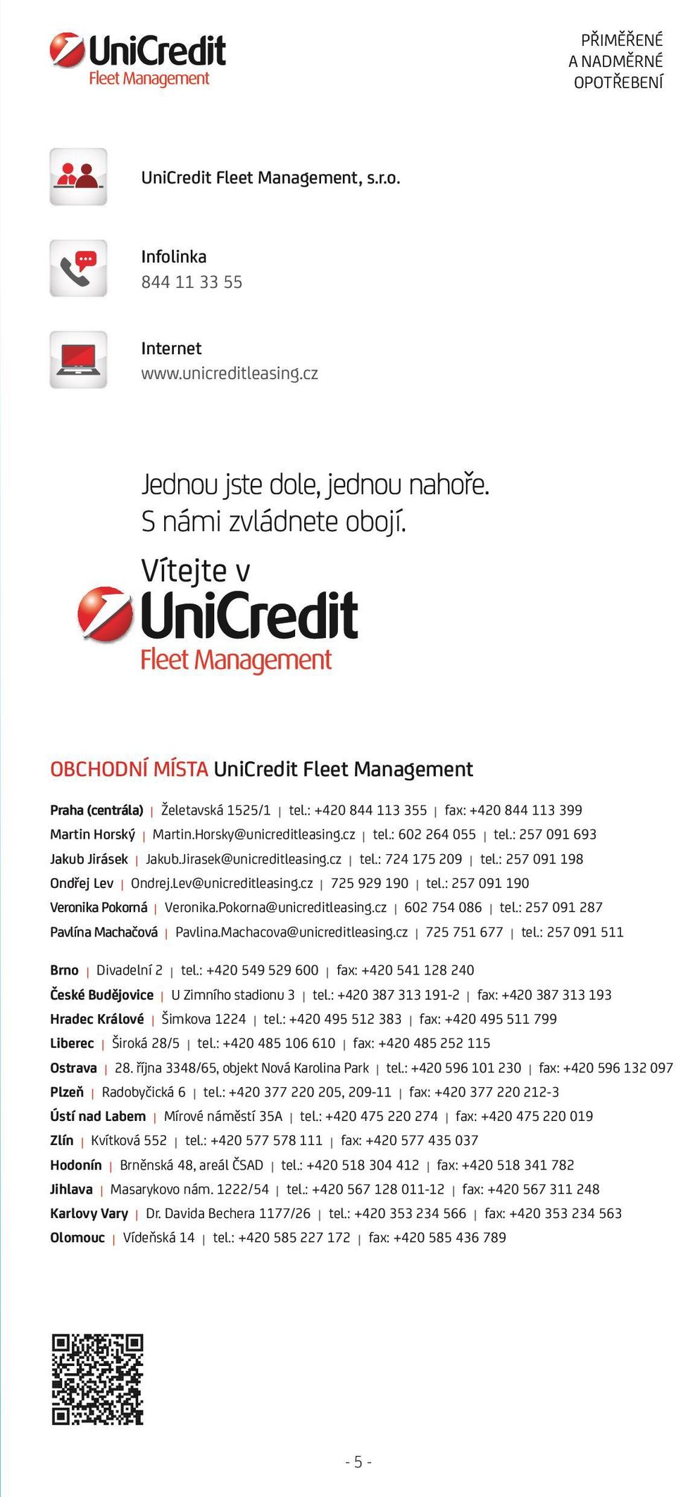 : 257 091 198 Ondřej Lev Ondrej.Lev@unicreditleasing.cz 725 929 190 tel.: 257 091 190 Veronika Pokorná Veronika.Pokorna@unicreditleasing.cz 602 754 086 tel.: 257 091 287 Pavlína Machačová Pavlina.