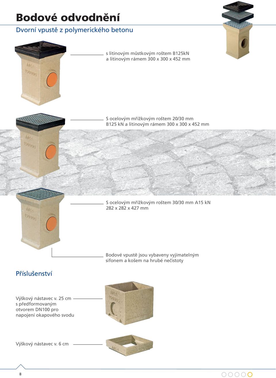 30/30 mm A15 kn 282 x 282 x 427 mm Příslušenství Bodové vpustě jsou vybaveny vyjímatelným sifonem a košem na hrubé