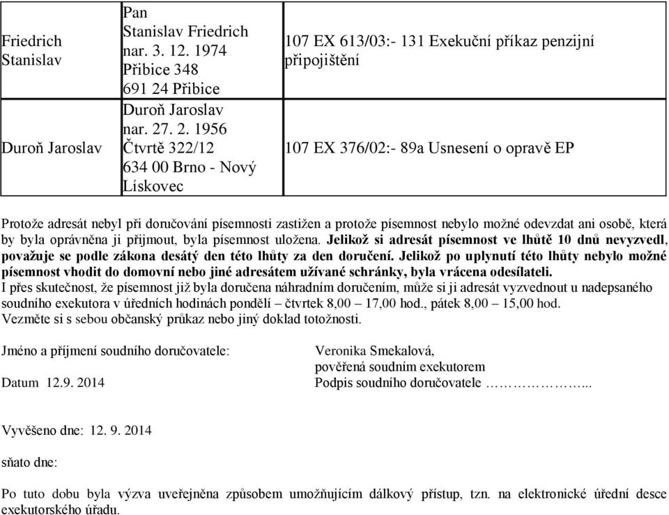 . 2. 1956 Čtvrtě 322/12 634 00 Brno - Nový Lískovec 107 EX 613/03:- 131 Exekuční příkaz penzijní připojištění 107 EX 376/02:- 89a Usnesení o opravě EP Protože adresát nebyl při doručování písemnosti