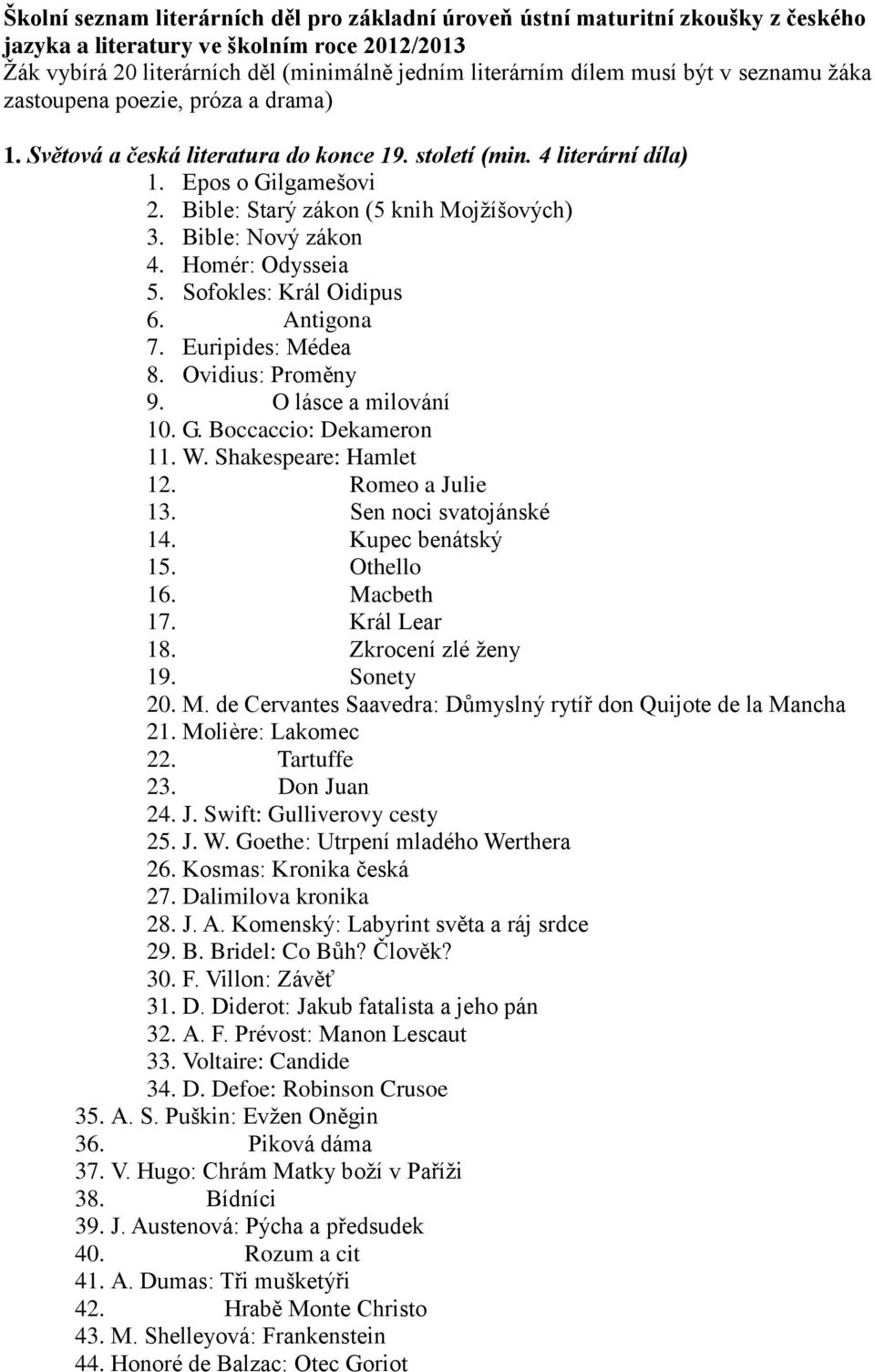 Bible: Nový zákon 4. Homér: Odysseia 5. Sofokles: Král Oidipus 6. Antigona 7. Euripides: Médea 8. Ovidius: Proměny 9. O lásce a milování 10. G. Boccaccio: Dekameron 11. W. Shakespeare: Hamlet 12.