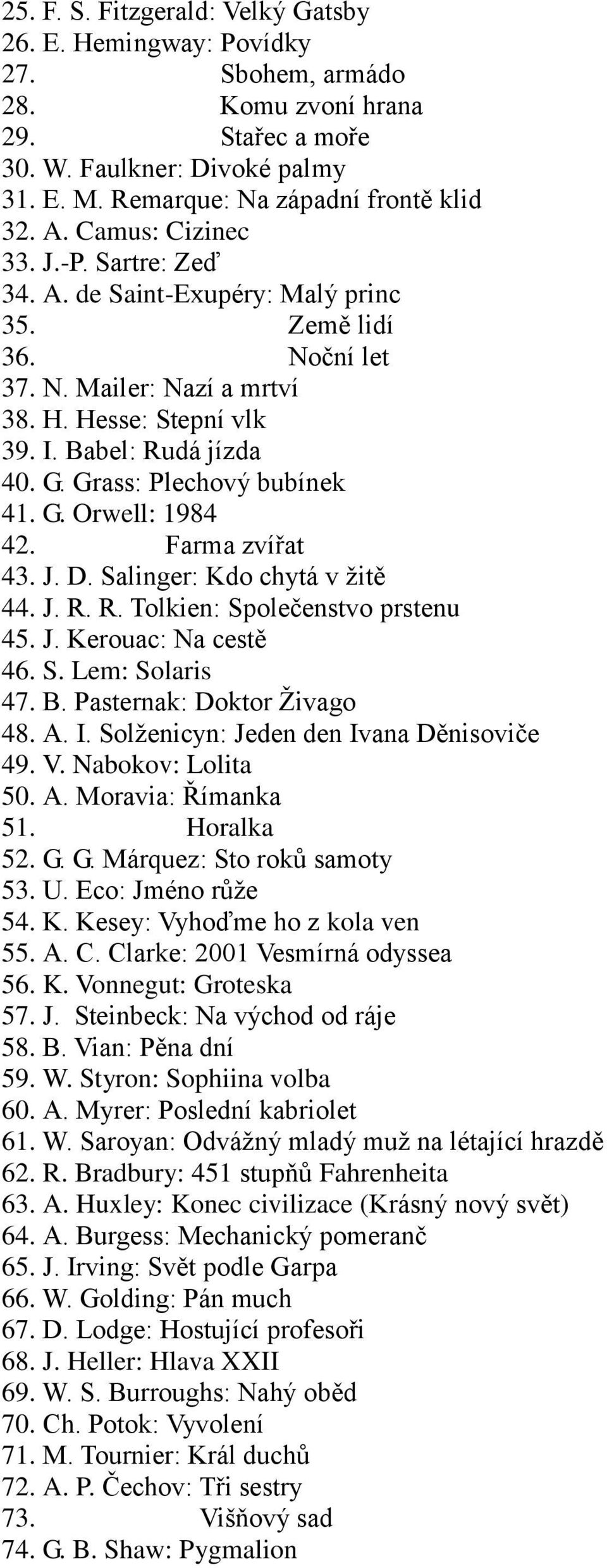 Grass: Plechový bubínek 41. G. Orwell: 1984 42. Farma zvířat 43. J. D. Salinger: Kdo chytá v žitě 44. J. R. R. Tolkien: Společenstvo prstenu 45. J. Kerouac: Na cestě 46. S. Lem: Solaris 47. B.