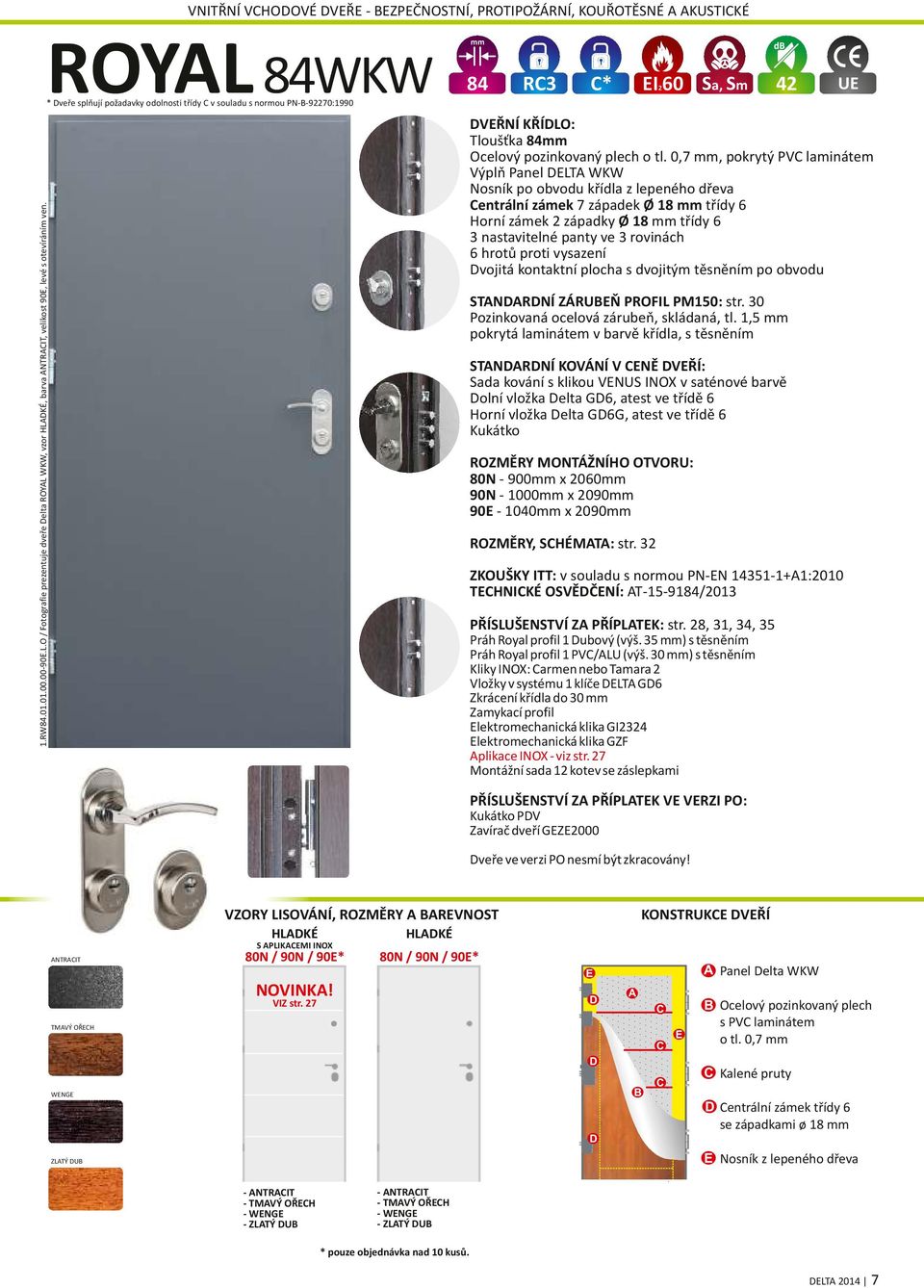 0,7 mm, pokrytý PVC laminátem Výplň Panel DELTA WKW Nosník po obvodu křídla z lepeného dřeva Centrální zámek 7 západek Ø 18 mm třídy 6 Horní zámek 2 západky Ø 18 mm třídy 6 3 nastavitelné panty ve 3