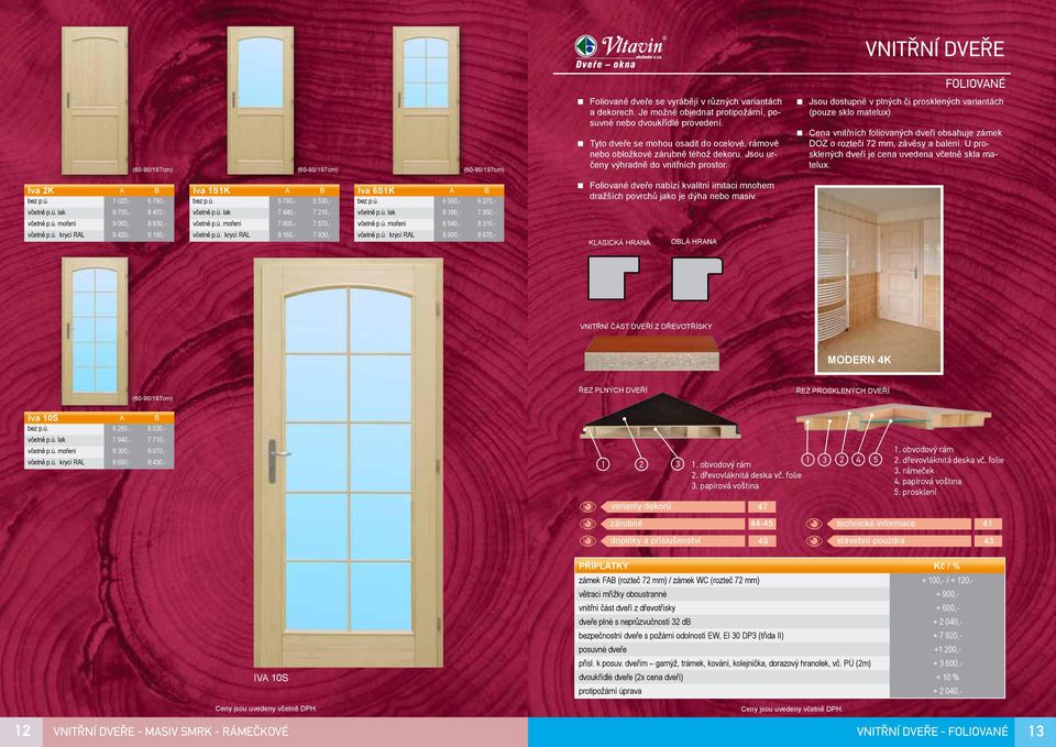Cena vnitřních foliovaných dveří obsahuje zámek DOZ o rozteči 72 mm, závěsy a balení. U prosklených dveří je cena uvedena včetně skla matelux. Iva 2K A B bez p.ú. 7 020,- 6 790,- včetně p.ú. lak 8 700,- 8 470,- včetně p.