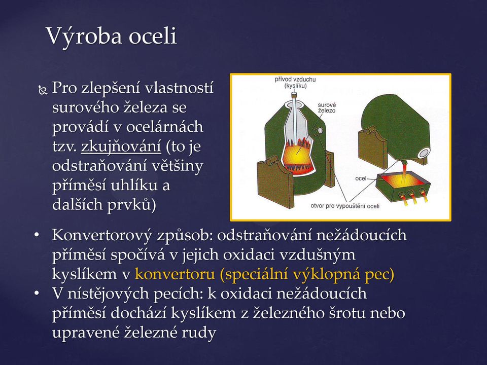 odstraňování nežádoucích příměsí spočívá v jejich oxidaci vzdušným kyslíkem v konvertoru (speciální