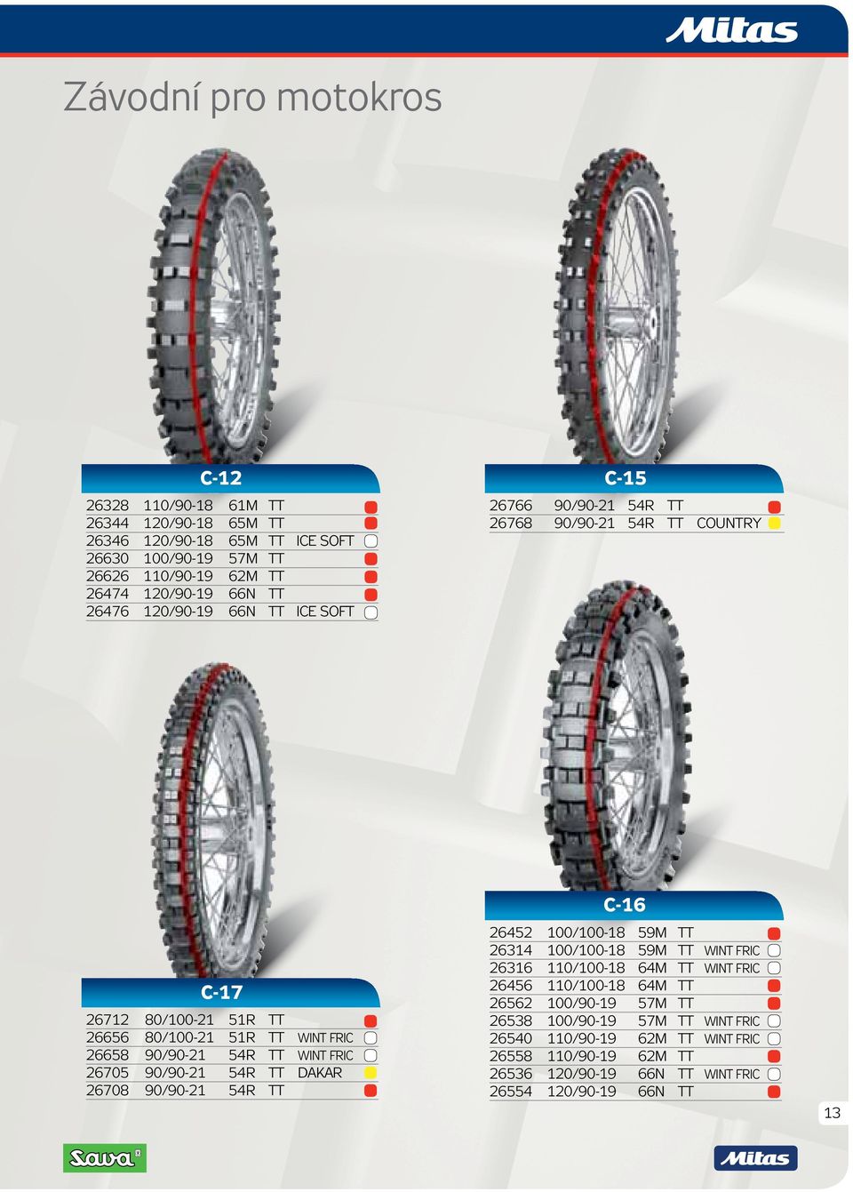 WINT FRIC 26705 90/90-21 54R TT DAKAR 26708 90/90-21 54R TT C-16 26452 100/100-18 59M TT 26314 100/100-18 59M TT WINT FRIC 26316 110/100-18 64M TT WINT FRIC 26456 110/100-18