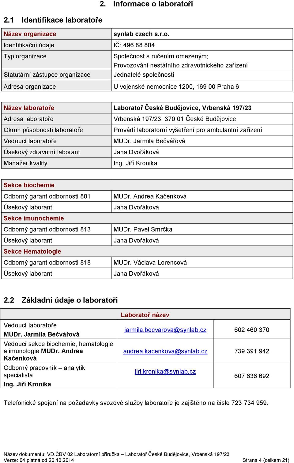 nestátního zdravotnického zařízení Jednatelé společnosti Adresa organizace U vojenské nemocnice 1200, 169 00 Praha 6 Název laboratoře Laboratoř České Budějovice, Vrbenská 197/23 Adresa laboratoře