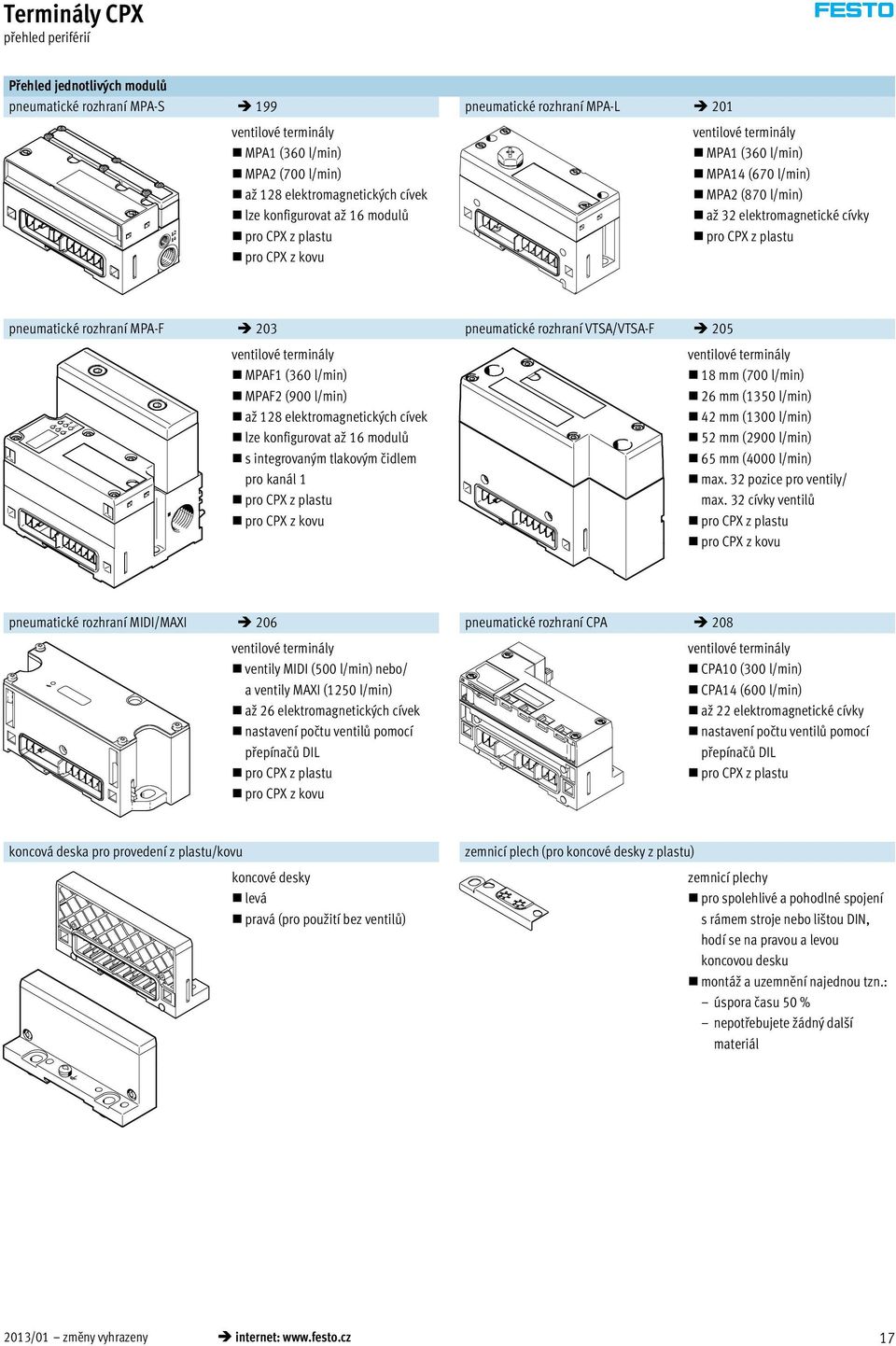 MPA-F 203 pneumatické rozhraní VTSA/VTSA-F 205 ventilové terminály MPAF1 (360 l/min) MPAF2 (900 l/min) až 128 elektromagnetických cívek lze konfigurovat a 16 modulů s integrovaným tlakovým čidlem pro