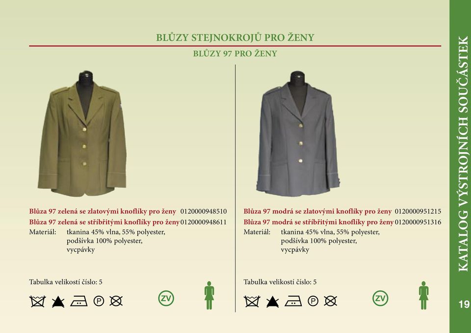 BLŮZY 97 PRO ŽENY Tabulka Blůza 97 modrá se zlatovými knoflíky pro ženy 0120000951215 Blůza 97 modrá se stříbřitými knoflíky pro