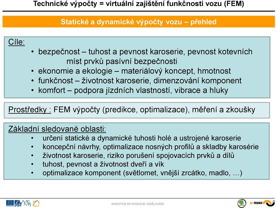 optimalizace), měření a zkoušky Základní sledované oblasti: určení statické a dynamické tuhosti holé a ustrojené karoserie koncepční návrhy, optimalizace nosných profilů