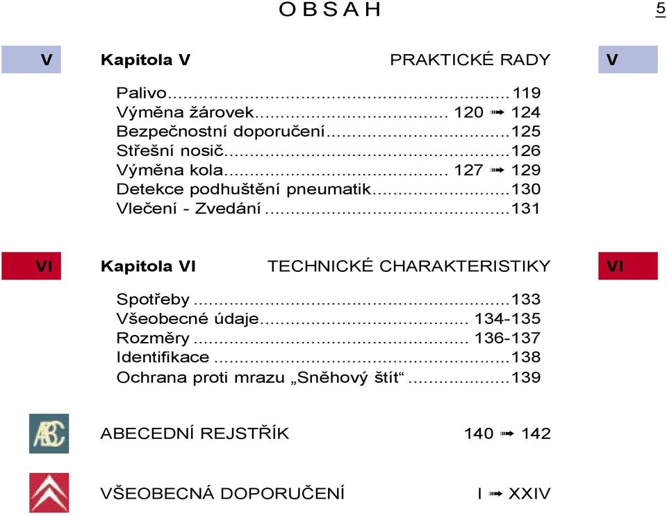 ..131 VI Kapitola VI TECHNICKÉ CHARAKTERISTIKY VI Spotřeby...133 Všeobecné údaje... 134-135 Rozměry.