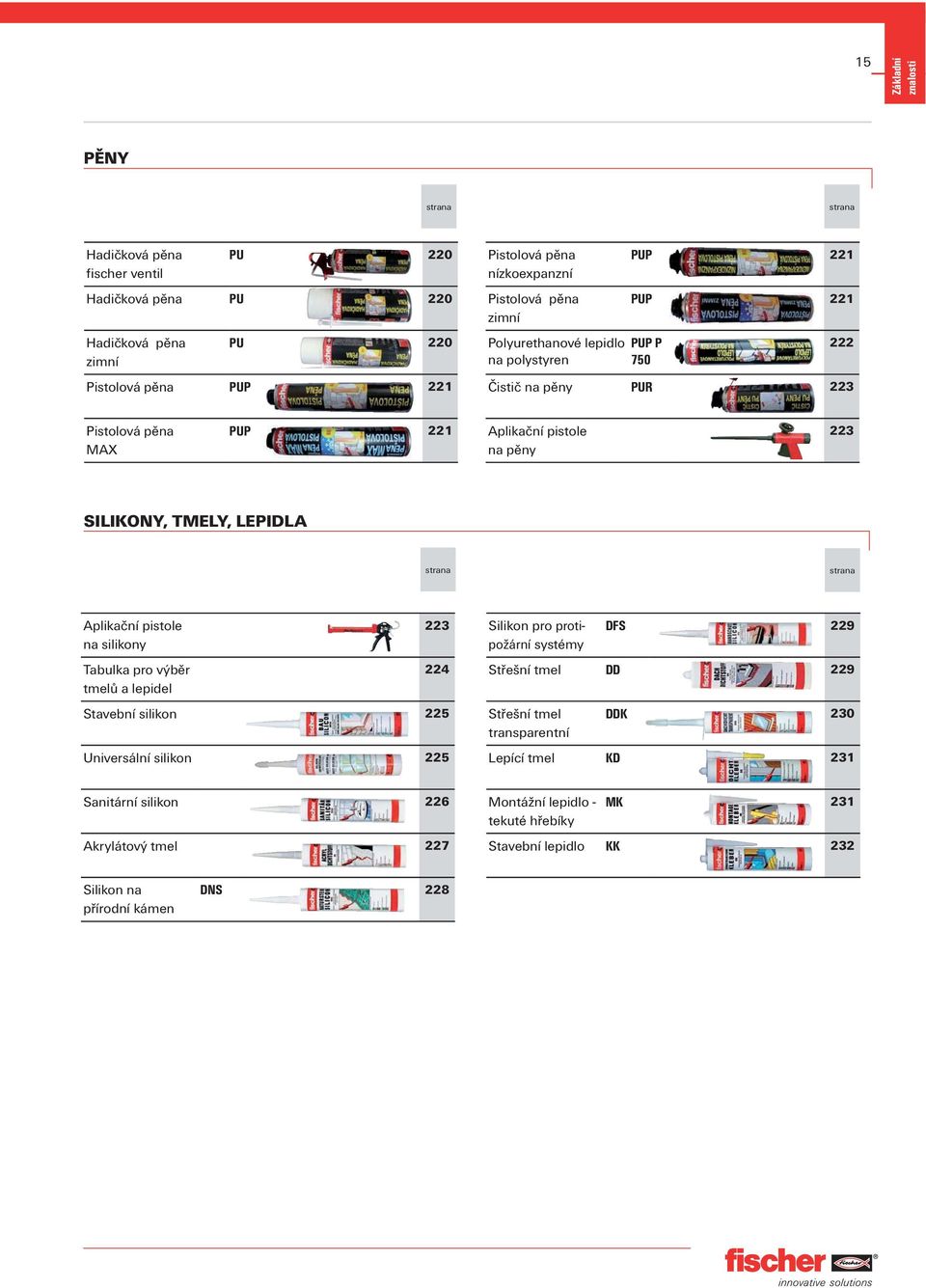 strana Aplikační pistole na silikony Tabulka pro výběr tmelů a lepidel 223 224 Stavební silikon 225 Universální silikon 225 Silikon pro protipožární systémy DFS 229 Střešní tmel DD 229