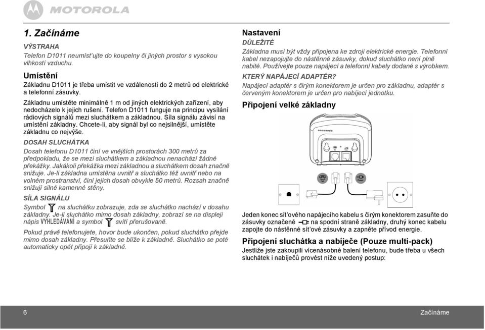 Telefon D1011 funguje na principu vysílání rádiových signálů mezi sluchátkem a základnou. Síla signálu závisí na umístění základny.