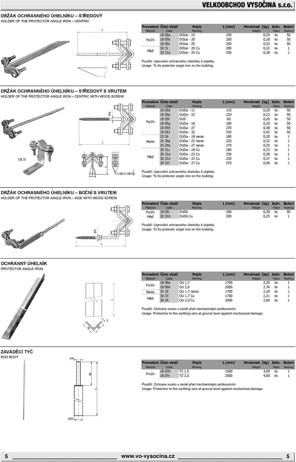 DRŽÁK OCHRANNÉHO ÚHELNÍKU STŘEDOVÝ S VRUTEM HOLDER OF THE PROTECTOR ANGLE IRON CENTRIC WITH WOOD SCREW 18 05d DUDa - 11 110 0,20 ks 50 18 05e DUDa - 22 220 0,22 ks 50 18 05f DUS 60 0,20 ks 50 18 05g