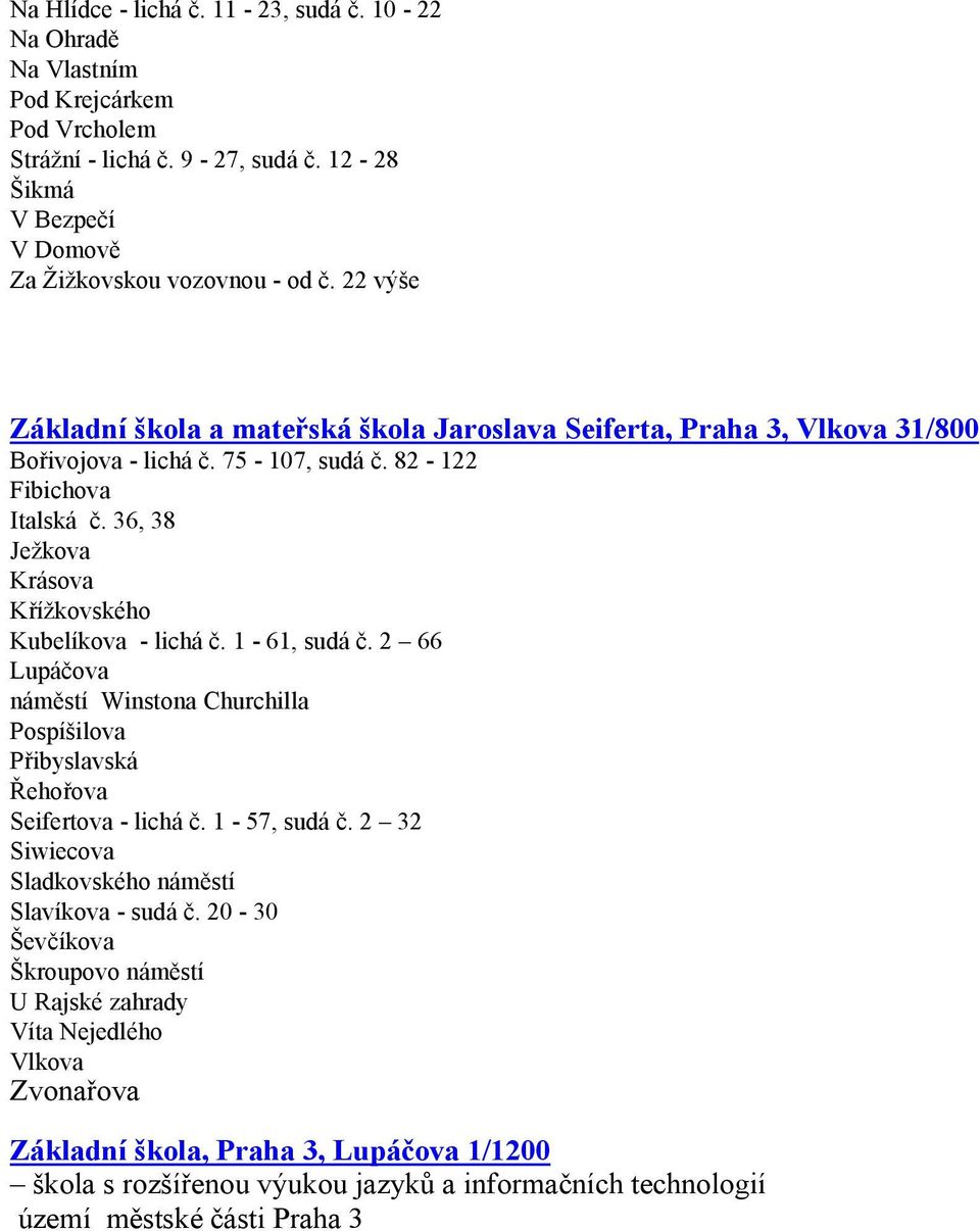 36, 38 Ježkova Krásova Křížkovského Kubelíkova - lichá č. 1-61, sudá č. 2 66 Lupáčova náměstí Winstona Churchilla Pospíšilova Přibyslavská Řehořova Seifertova - lichá č. 1-57, sudá č.