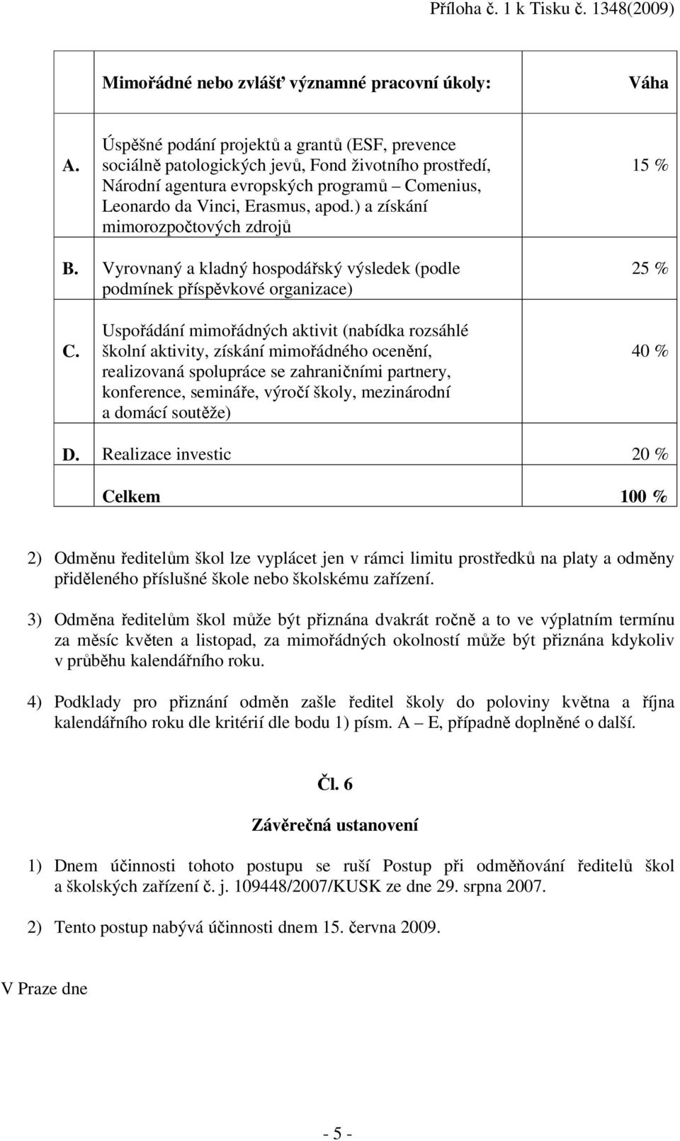 ) a získání mimorozpočtových zdrojů 15 % B. Vyrovnaný a kladný hospodářský výsledek (podle podmínek příspěvkové organizace) C.