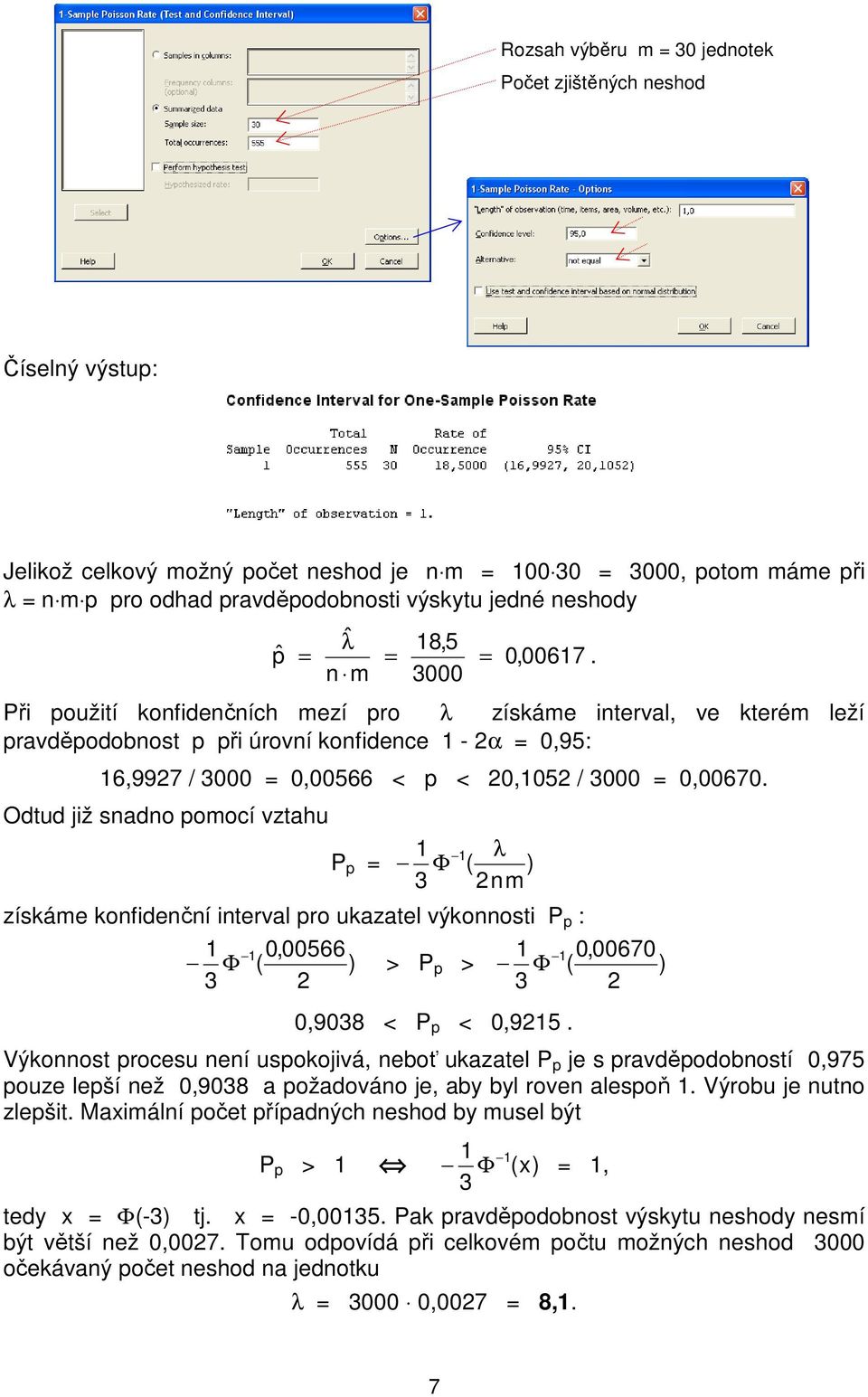 Při použití konfidenčních mezí pro λ získáme interval, ve kterém leží pravděpodobnost p při úrovní konfidence - α = 0,95: 6,997 / 3000 = 0,00566 < p < 0,05 / 3000 = 0,00670.