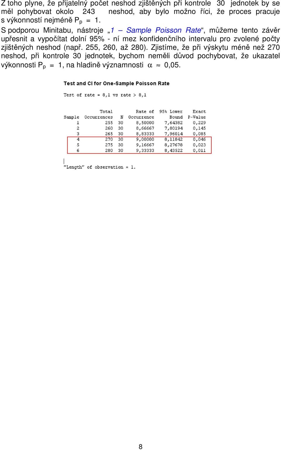 S podporou Minitabu, nástroje Sample Poisson Rate, můžeme tento závěr upřesnit a vypočítat dolní 95% - ní mez konfidenčního intervalu