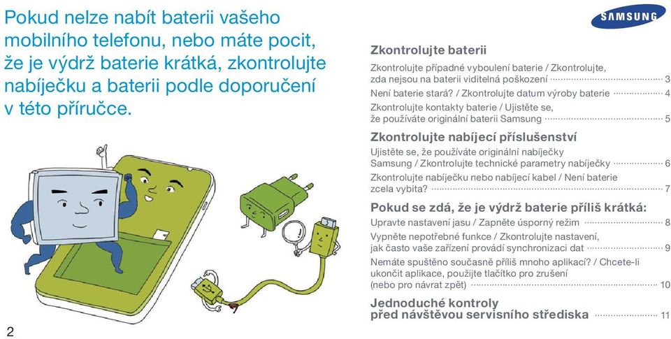 / Zkontrolujte datum výroby baterie 4 Zkontrolujte kontakty baterie / Ujistěte se, že používáte originální baterii Samsung 5 Zkontrolujte nabíjecí příslušenství Ujistěte se, že používáte originální