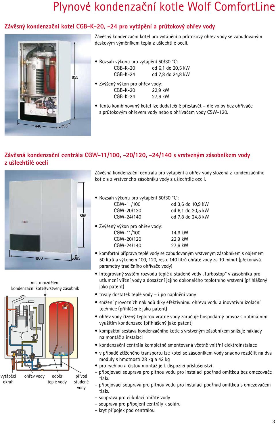 Rozsah výkonu pro vytápění 50/30 C: CGB-K- od 6,1 do,5 kw CGB-K-24 od 7,8 do 24,8 kw Zvýšený výkon pro ohřev vody: CGB-K- 22,9 kw CGB-K-24 27,6 kw Tento kombinovaný kotel lze dodatečně přestavět dle