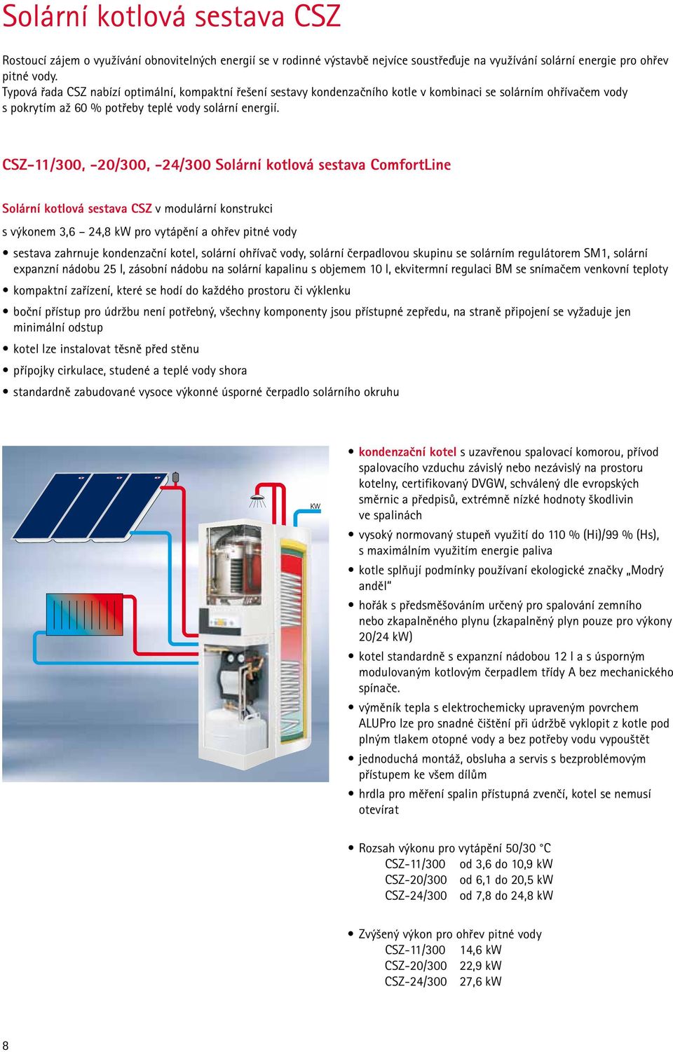 CSZ-11/300, -/300, -24/300 Solární kotlová sestava ComfortLine Solární kotlová sestava CSZ v modulární konstrukci s výkonem 3,6 24,8 kw pro vytápění a ohřev pitné vody sestava zahrnuje kondenzační