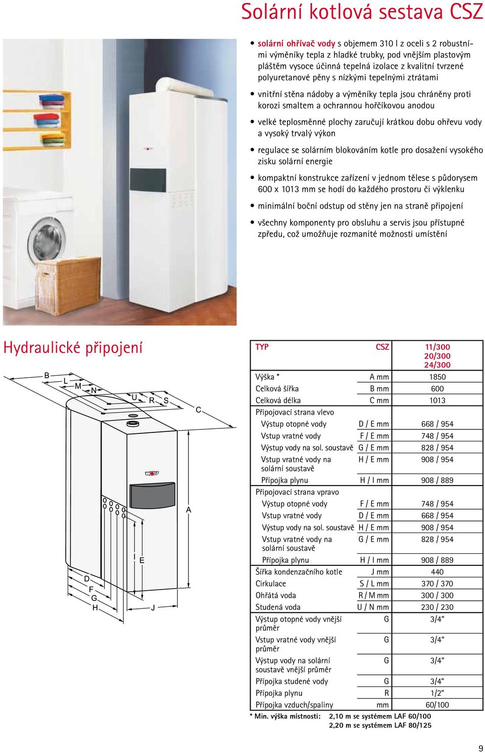 ohřevu vody a vysoký trvalý výkon regulace se solárním blokováním kotle pro dosažení vysokého zisku solární energie kompaktní konstrukce zařízení v jednom tělese s půdorysem 600 x 1013 mm se hodí do