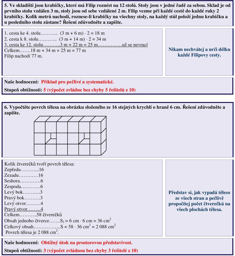 Řešení zdůvodněte a zapište. 1. cesta ke 4. stolu.. (3 m + 6 m) 2 = 18 m 2. cesta k 8. stolu... (3 m + 14 m) 2 = 34 m 3. cesta ke 12. stolu..3 m + 22 m = 25 m už se nevrací Celkem.