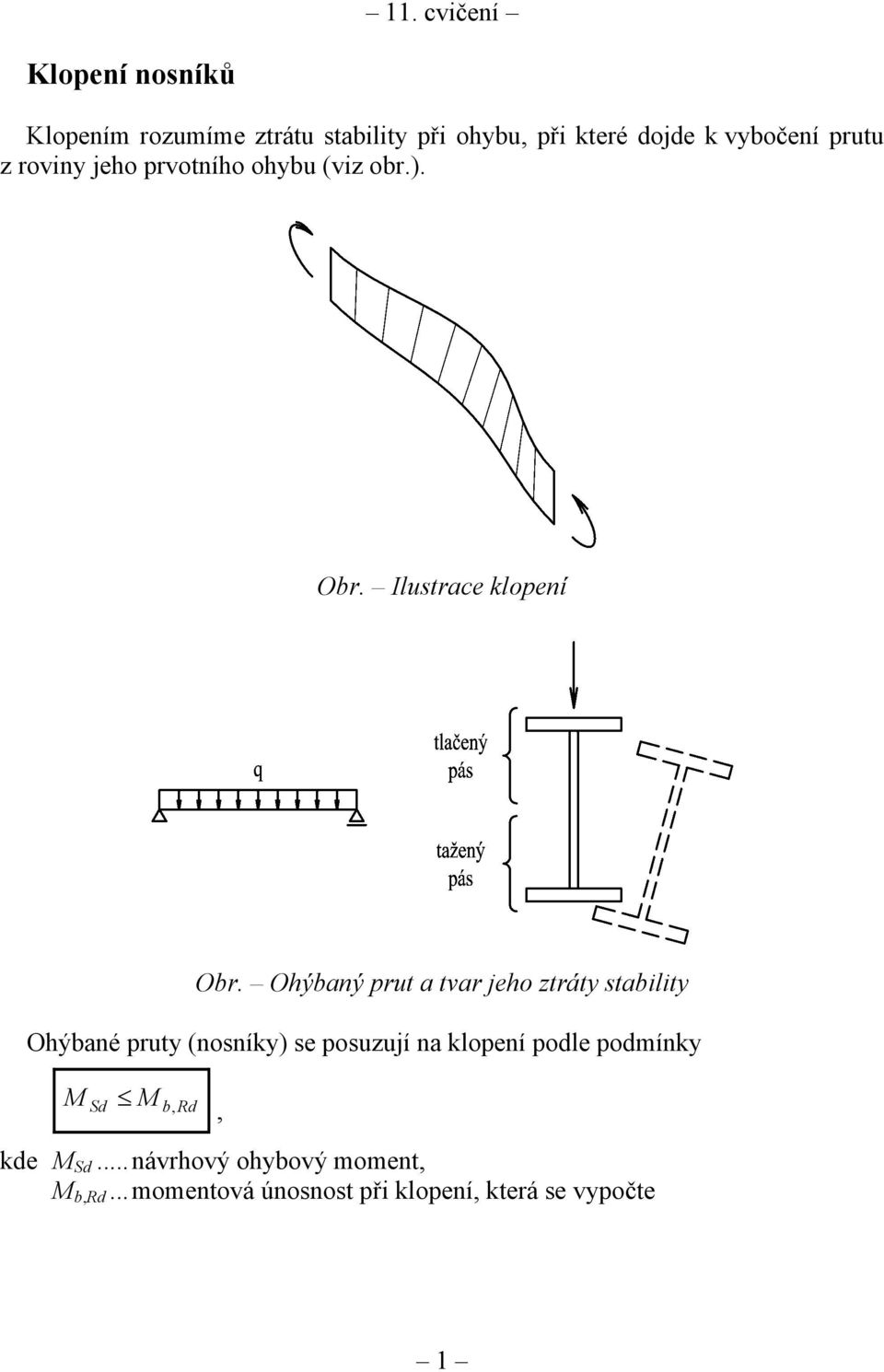 Ohýbaný prut a tvar jeho ztráty stability Ohýbané pruty (nosníky) se posuzují na klopení podle