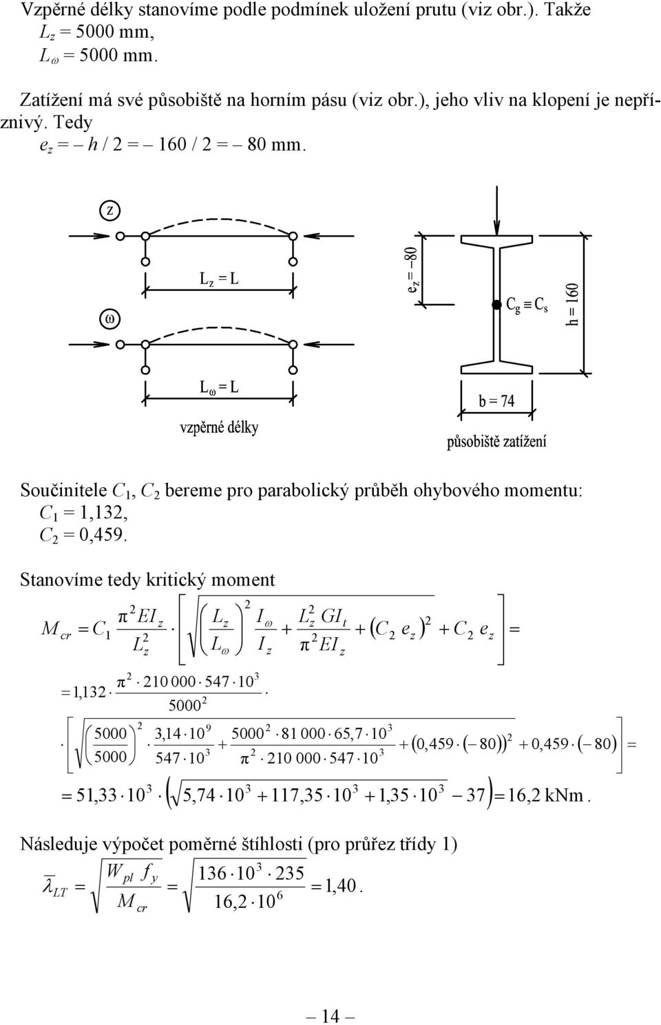 Stanovíme tedy kritický moment π EI z Lz Iω cr C + Lz Lω I z Lz GIt M + z z π EI z ( C e ) + C e π 0 000 547 0, 5000 9 5000,4 0 5000 8 000 65,7 0 + + 0,459