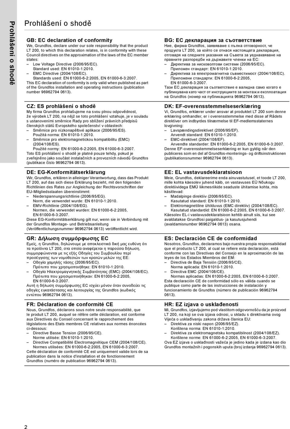 Standards used: EN 61000-6-2:2005, EN 61000-6-3:2007.
