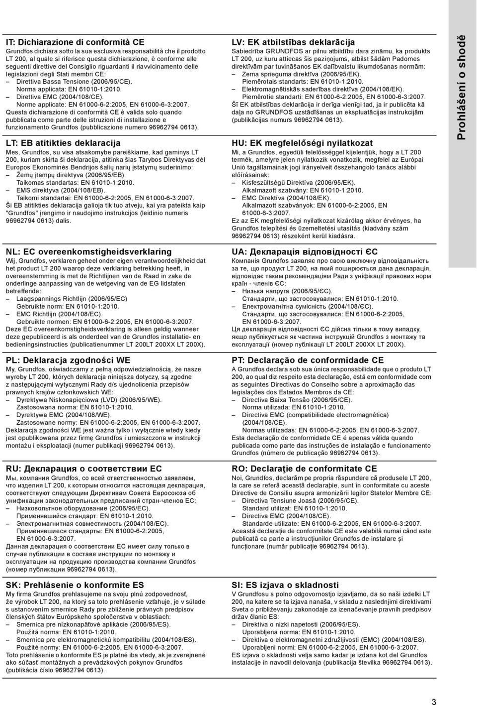 Norme applicate: EN 61000-6-2:2005, EN 61000-6-3:2007.