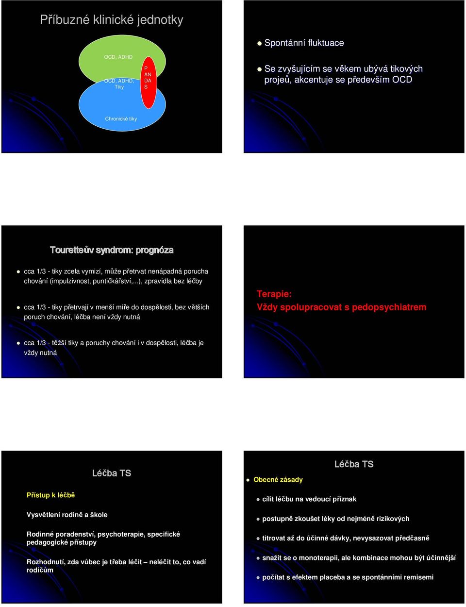 ..), zpravidla bez léčby cca 1/3 - tiky přetrvají v menší míře do dospělosti, bez větších poruch chování, léčba není vždy nutná Terapie: Vždy spolupracovat s pedopsychiatrem cca 1/3 - těžší tiky a