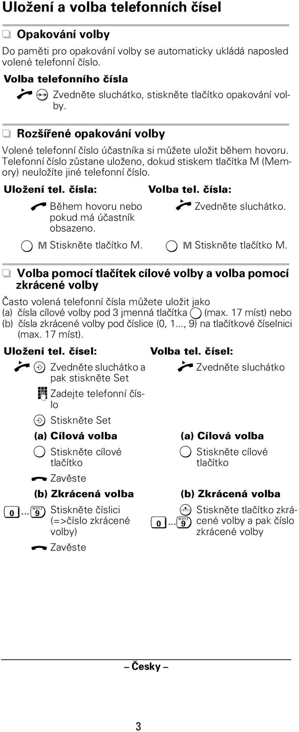 Telefonní číslo zůstane uloženo, dokud stiskem tlačítka M (Memory) neuložíte jiné telefonní číslo. Uložení tel. čísla: Volba tel. čísla: = Během hovoru nebo > Zvedněte sluchátko.