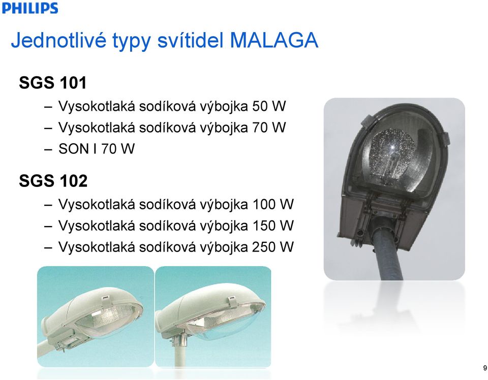 100 W Vysokotlaká sodíková výbojka 150 W Vysokotlaká sodíková výbojka 250 W