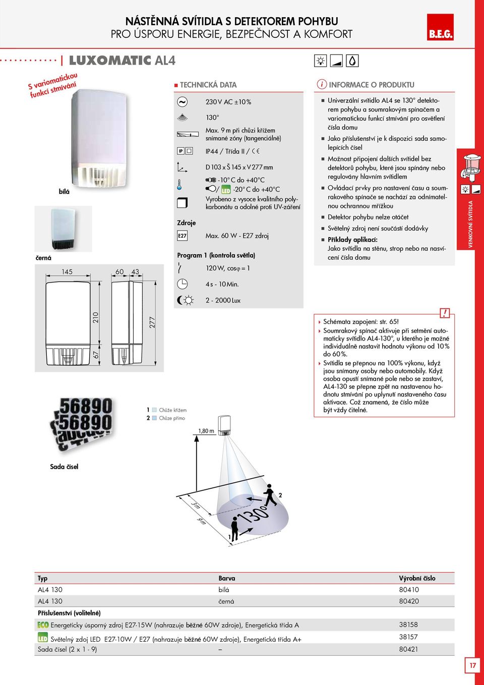 60 W - E27 zdroj Program 1 (kontrola světla) 120 W, cosϕ = 1 4 s - 10 Min.