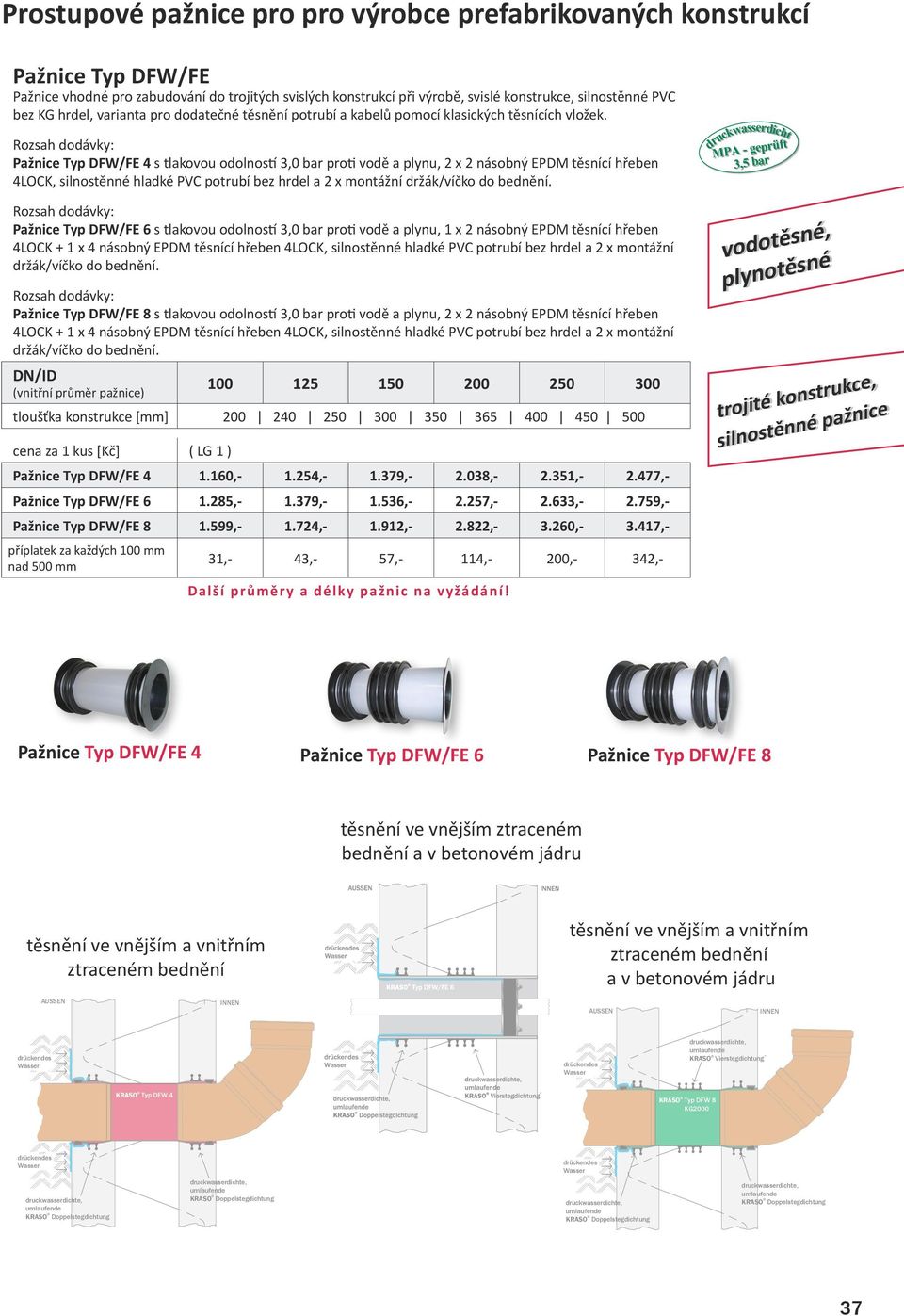 Pažnice Typ DFW/FE 4 s tlakovou odolností proti vodě a plynu, 2 x 2 násobný EPDM těsnící hřeben 4LOCK, silnostěnné hladké PVC potrubí bez hrdel a 2 x montážní držák/víčko do bednění.