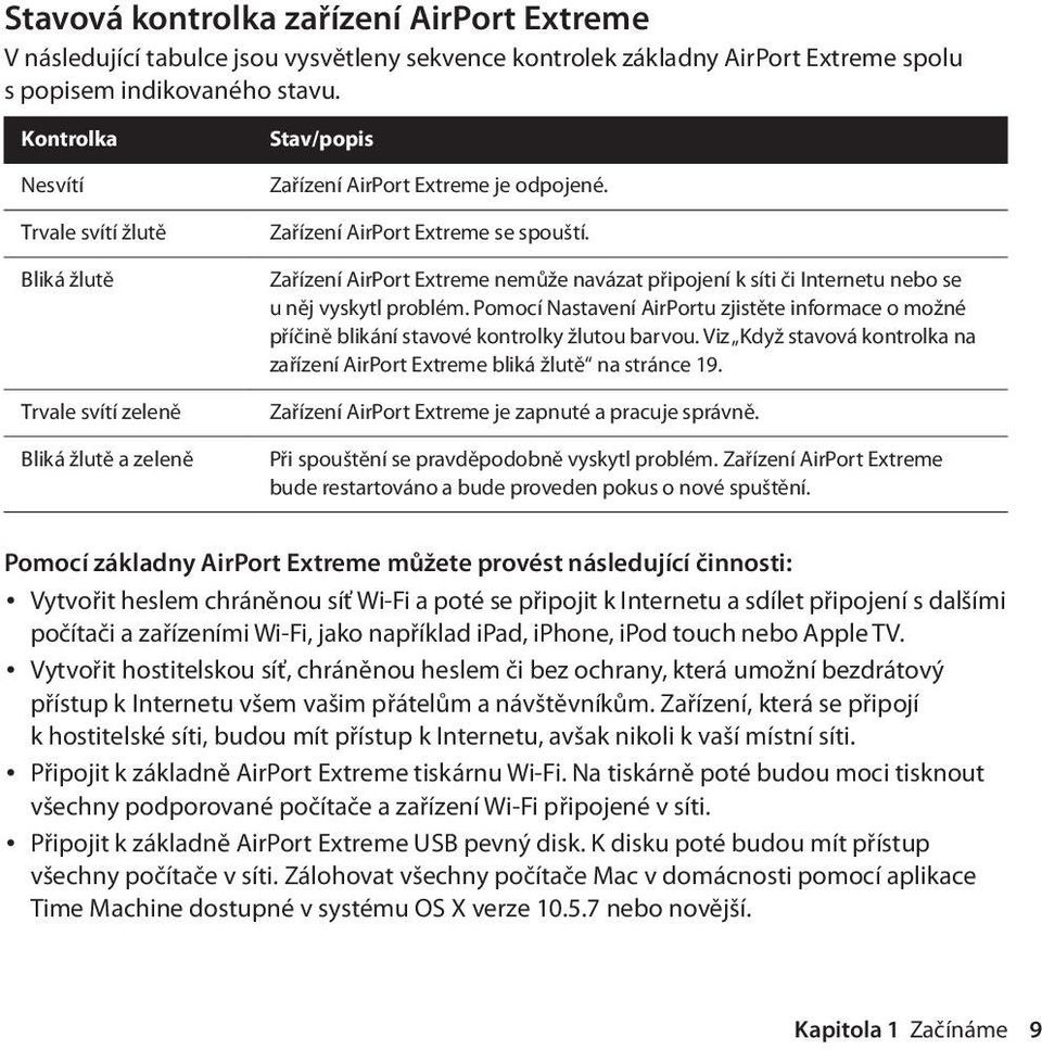 Zařízení AirPort Extreme nemůže navázat připojení k síti či Internetu nebo se u něj vyskytl problém.