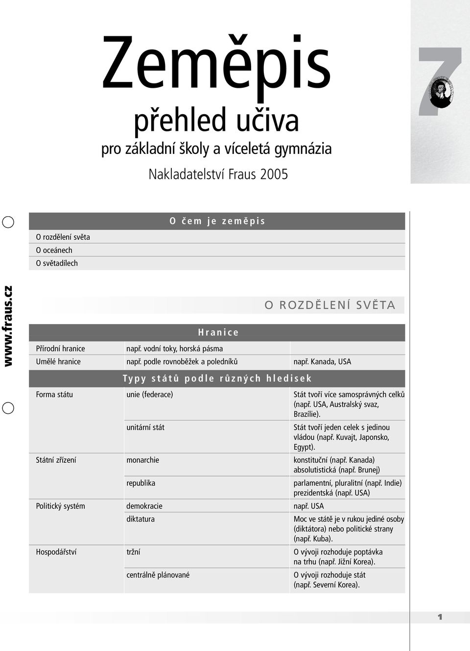 Kanada, USA Typy států podle různých hledisek O ROZDĚLENÍ SVĚTA Forma státu unie (federace) Stát tvoří více samosprávných celků (např. USA, Australský svaz, Brazílie).