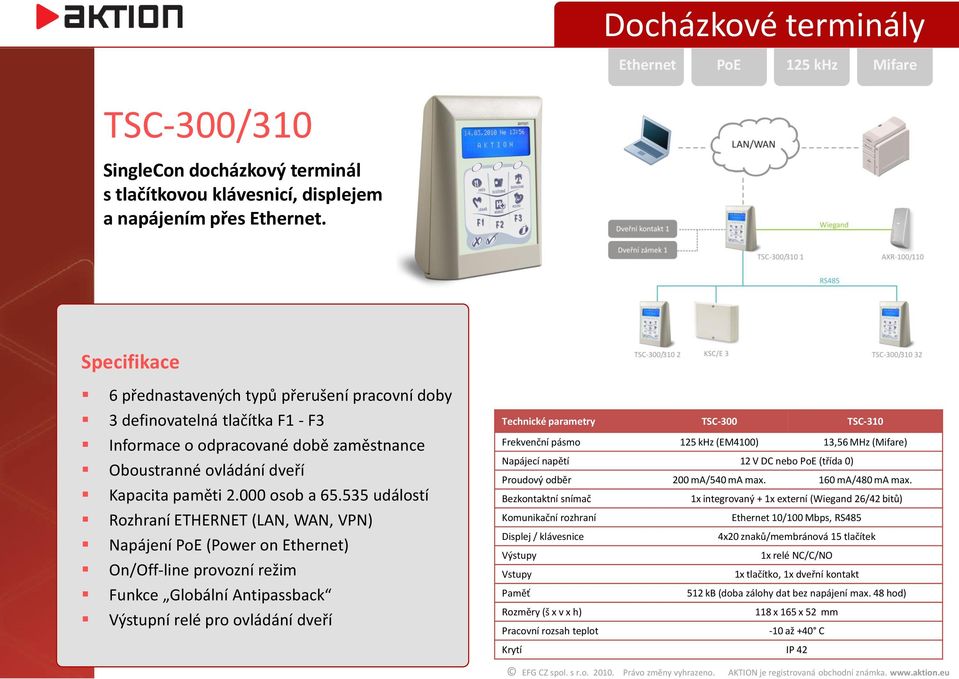 535 událostí Rozhraní ETHERNET (LAN, WAN, VPN) Napájení PoE (Power on Ethernet) On/Off-line provozní režim Funkce Globální Antipassback Výstupní relé pro ovládání dveří Technické parametry TSC-300