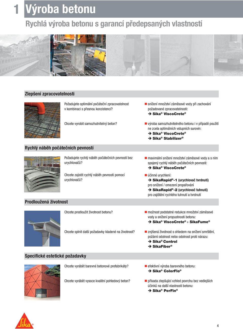 snížení množství záměsové vody při zachování požadované zpracovatelnosti: Sika ViscoCrete výroba samozhutnitelného betonu i v případě použití ne zcela optimálních vstupních surovin: Sika ViscoCrete