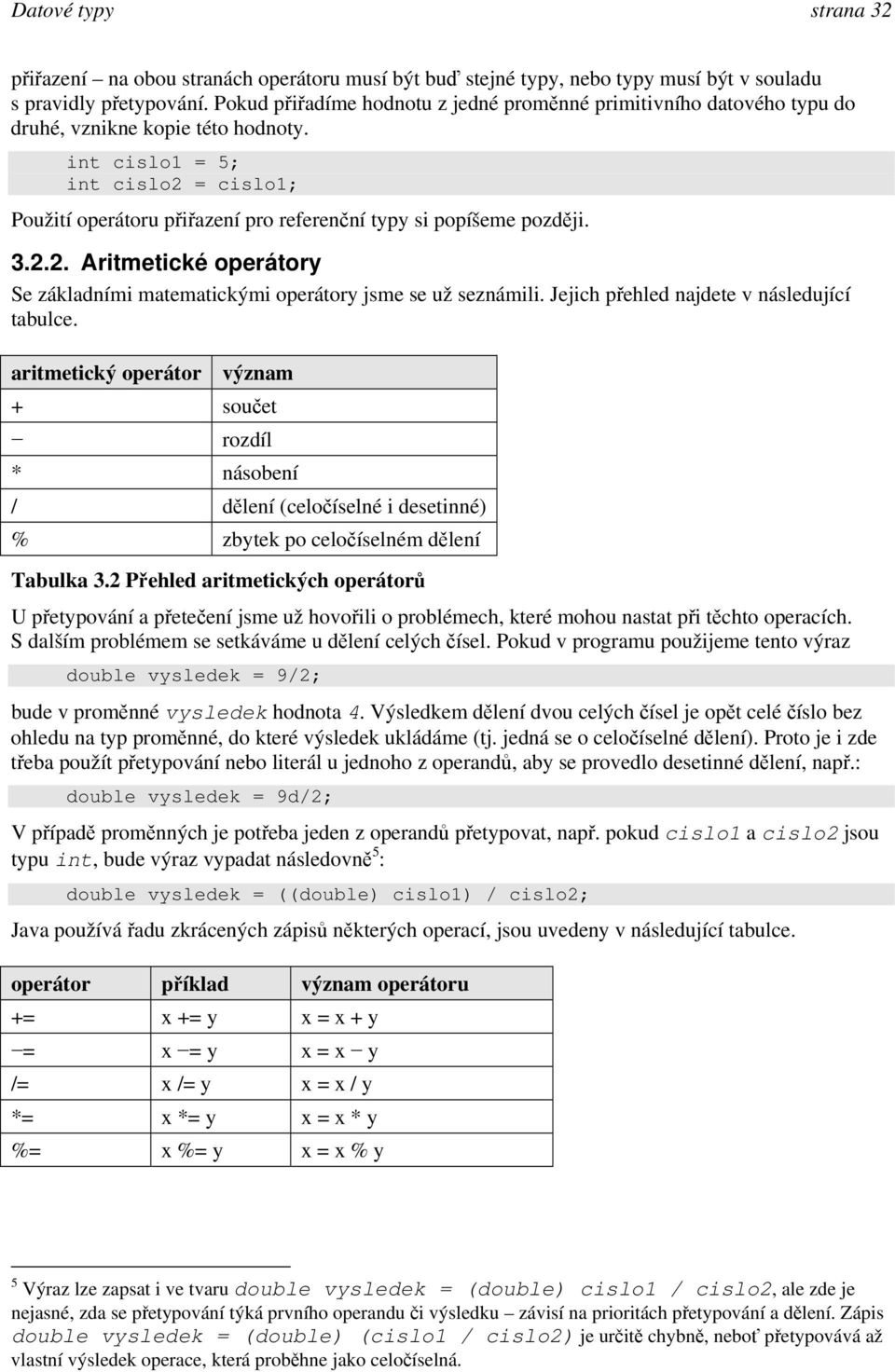 int cislo1 = 5; int cisl o2 = cislo1; Použití operátoru přiřazení pro referenční typy si popíšeme později. 3.2.2. Aritmetické operátory Se základními matematickými operátory jsme se už seznámili.