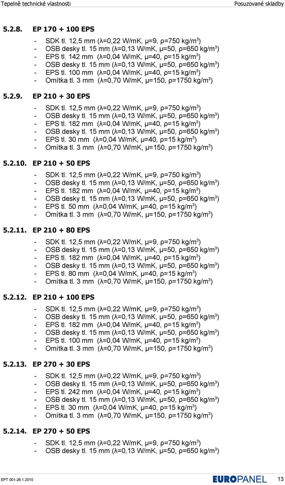 50 mm (λ=0,04 W/mK, μ=40, ρ=15 kg/m 3 ) 5.2.11. EP 210 + 80 EPS - EPS tl. 182 mm (λ=0,04 W/mK, μ=40, ρ=15 kg/m 3 ) - EPS tl. 80 mm (λ=0,04 W/mK, μ=40, ρ=15 kg/m 3 ) 5.2.12. EP 210 + 100 EPS - EPS tl.