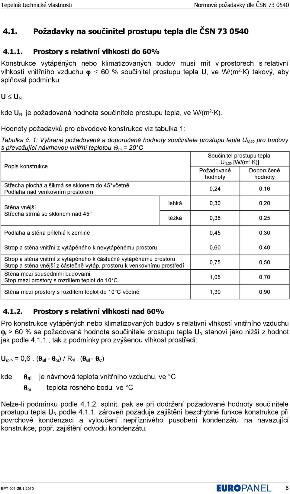 1. Prostory s relativní vlhkosti do 60% Konstrukce vytápěných nebo klimatizovaných budov musí mít v prostorech s relativní vlhkostí vnitřního vzduchu ϕ i 60 % součinitel prostupu tepla U, ve W/(m 2