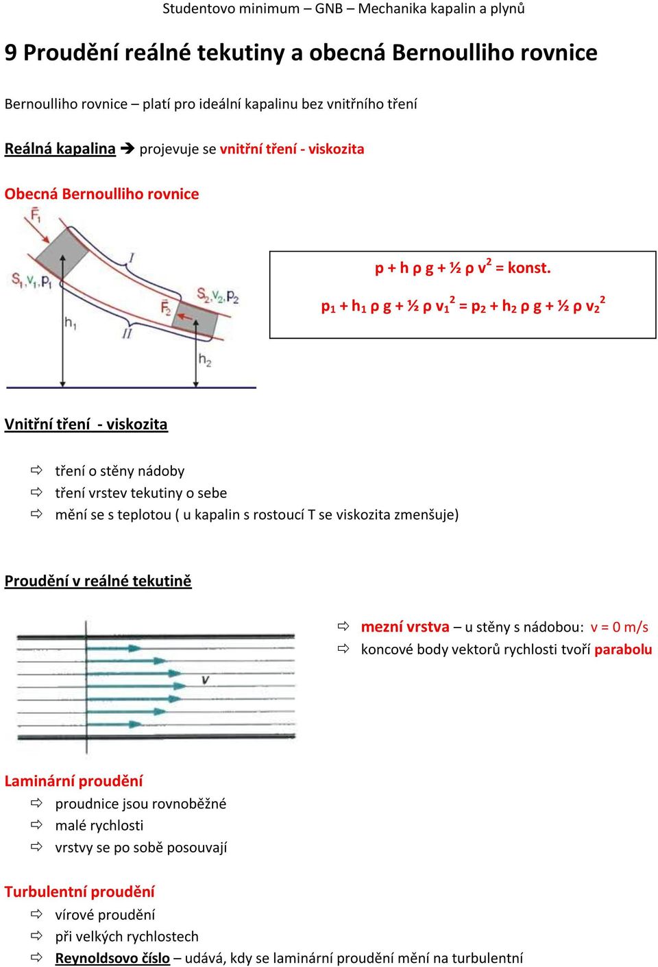 p 1 + h 1 ρ g + ½ ρ v 1 2 = p 2 + h 2 ρ g + ½ ρ v 2 2 Vnitřní tření - viskozita tření o stěny nádoby tření vrstev tekutiny o sebe mění se s teplotou ( u kapalin s rostoucí T se viskozita