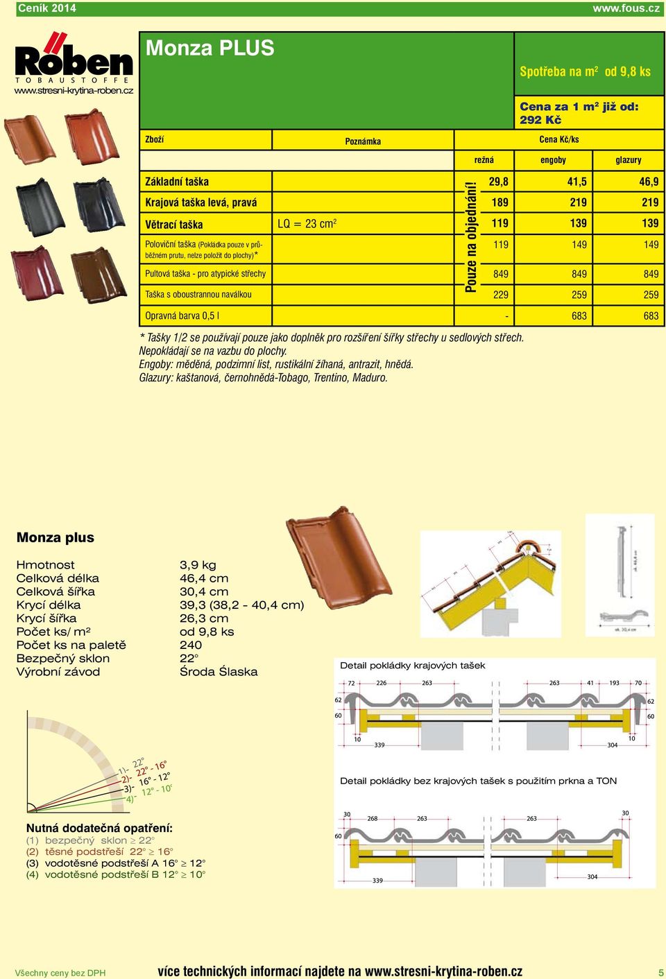 Poloviční taška (Pokládka pouze v průběžném prutu, nelze položit do plochy)* 119 149 149 Pultová taška - pro atypické střechy 849 849 849 Taška s oboustrannou naválkou 229 259 259 Opravná barva 0,5 l