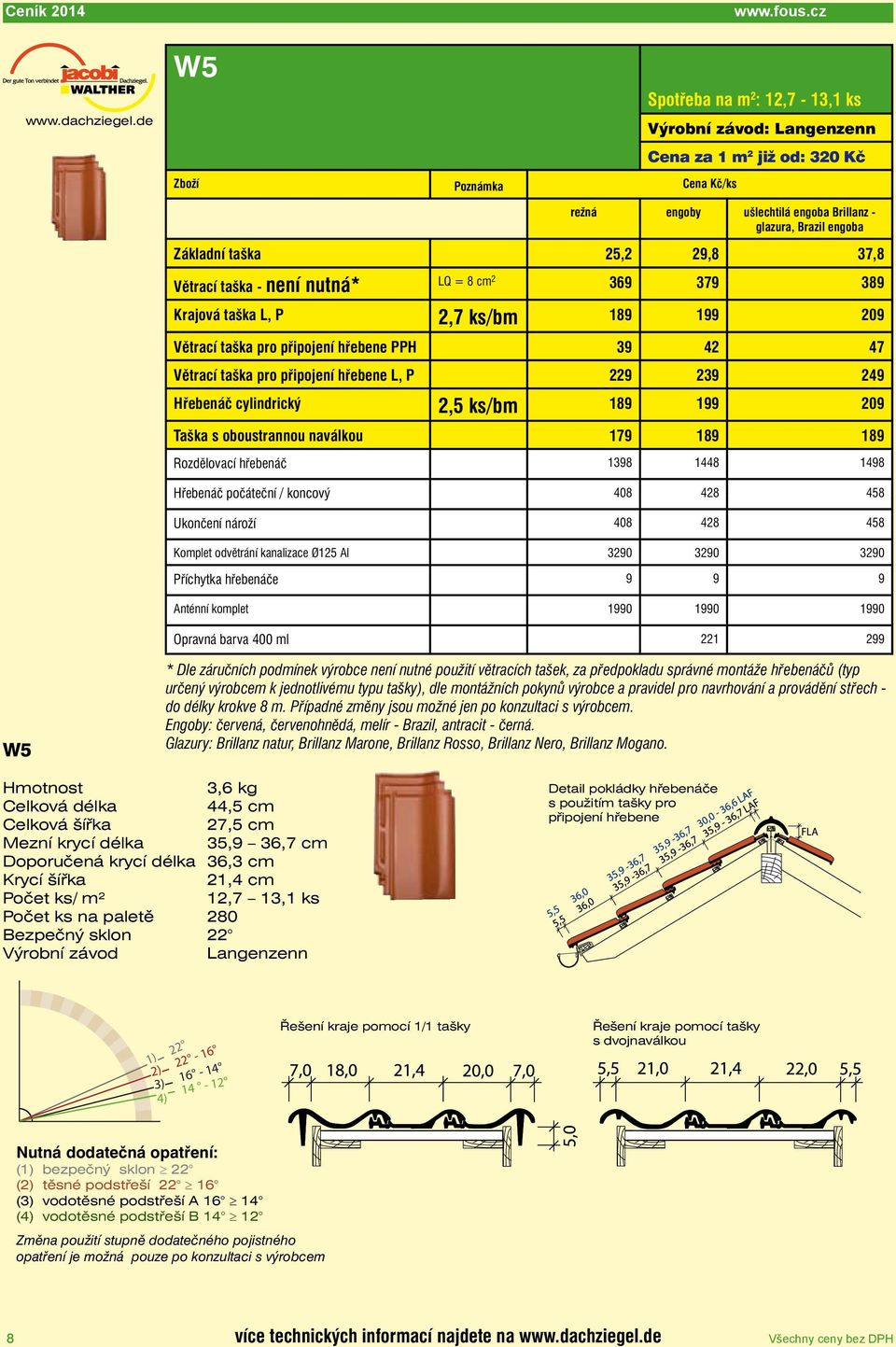 nutná* LQ = 8 cm 2 369 379 389 Krajová taška L, P 2,7 ks/bm 189 199 209 Větrací taška pro připojení hřebene PPH 39 42 47 Větrací taška pro připojení hřebene L, P 229 239 249 Hřebenáč cylindrický 2,5