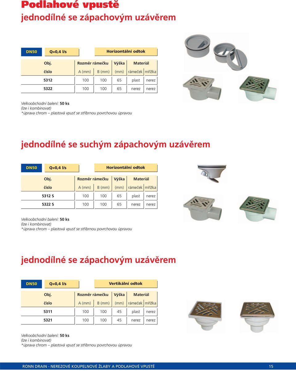 vpusť se stříbrnou povrchovou úpravou jednodílné se suchým zápachovým uzávěrem DN50 Q=0,4 l/s Horizontální odtok Obj.