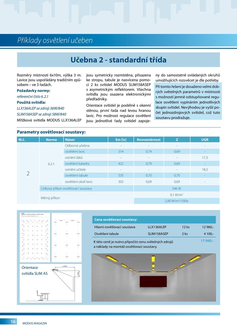 1 Použitá svítidla: LLX136ALEP se zdroji 36W/840 SLIM158ASEP se zdroji 58W/840 Mřížková svítidla MODUS LLX136ALEP jsou symetricky rozmístěna, přisazena ke stropu, tabule je nasvícena pomocí 2 ks