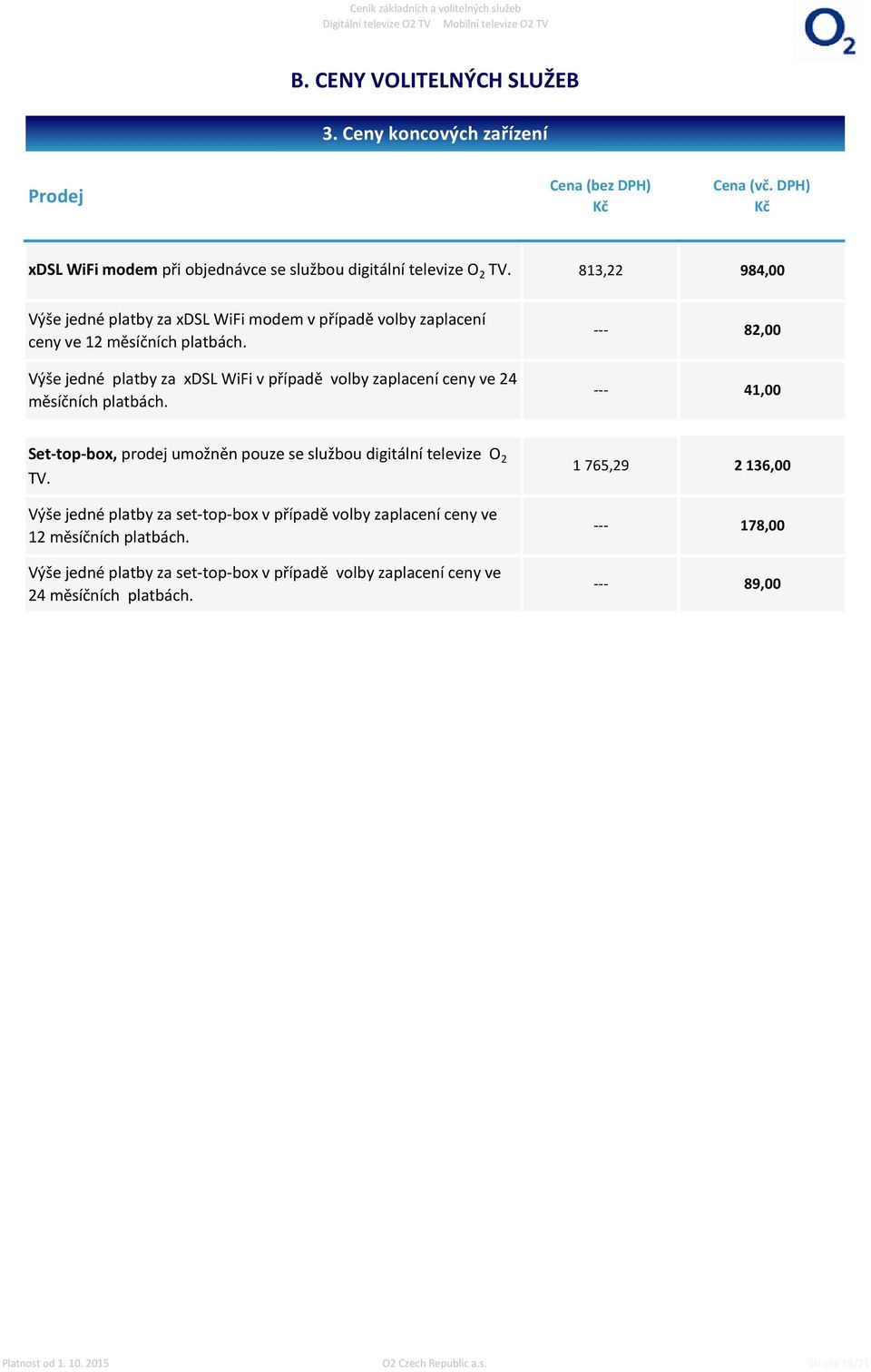 Výše jedné platby za xdsl WiFi v případě volby zaplacení ceny ve 24 měsíčních platbách.